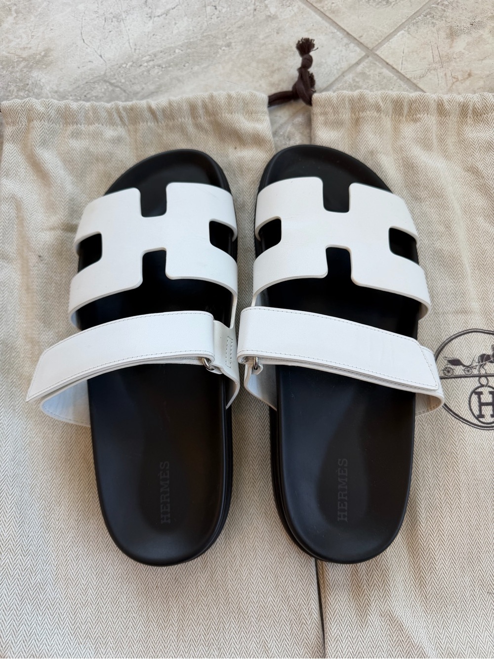 Hermès White and Black Chypre Slide Sandals